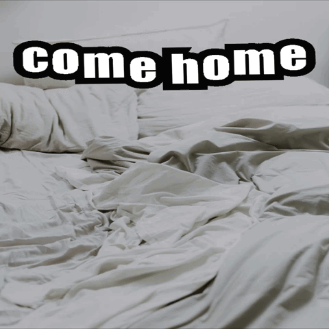 A Bed With White Sheets And The Words Come Home Written Above It GIF