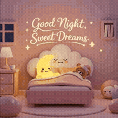 A Bedroom With A Bed , A Teddy Bear , A Crescent Moon And A Cloud . GIF