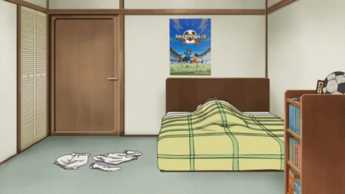 A Bedroom With A Bed And A Poster On The Wall That Says " The Combination Of Fate " GIF