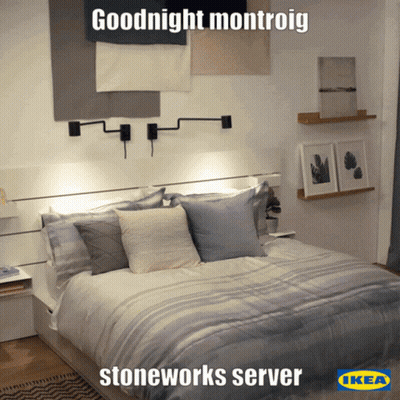 A Bedroom With A Bed And A Sign That Says Goodnight Montroig Stoneworks Server GIF