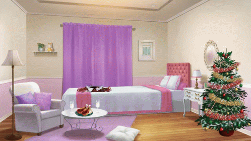 A Bedroom With A Christmas Tree And A Purple Curtain GIF