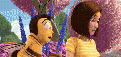 A Bee And A Woman Are Standing Next To Each Other In A Field Of Flowers . GIF