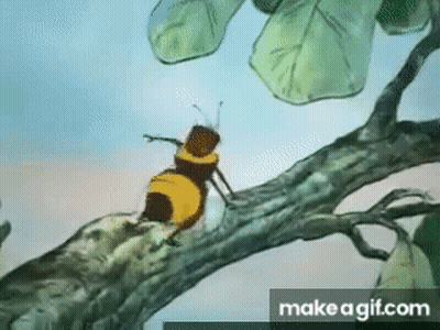 A Bee Is Sitting On A Tree Branch With Leaves . GIF