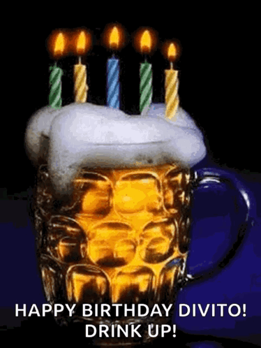 A Beer Mug With Candles On Top And The Words Happy Birthday Divino Drink Up GIF
