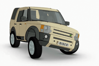 A Beige Land Rover With A License Plate That Reads Disco GIF