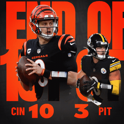 A Bengals Player Holding A Football Next To A Pittsburgh Steelers Player Holding A Football GIF