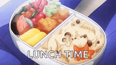 A Bento Box Filled With A Variety Of Food And The Words Lunch Time Written On It . GIF