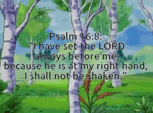 A Bible Verse From Psalm 16 8 Is Displayed On A Painting Of Birch Trees GIF