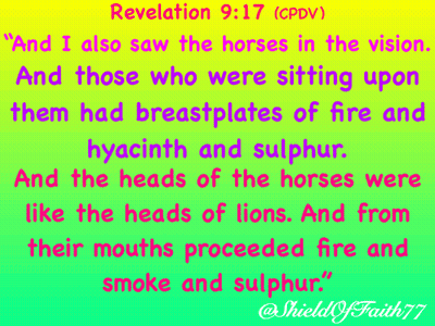 A Bible Verse From Revelation 9:17 Is Displayed On A Colorful Background GIF