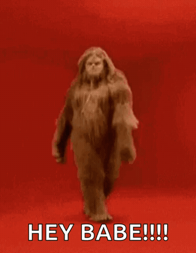 A Bigfoot Is Walking On A Red Background And Says Hey Babe GIF