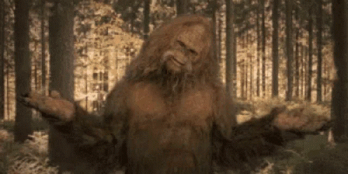 A Bigfoot Standing In A Forest With His Arms Outstretched GIF