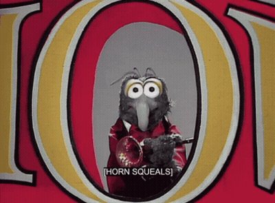 A Bird Playing A Trumpet In Front Of The Letter O. GIF