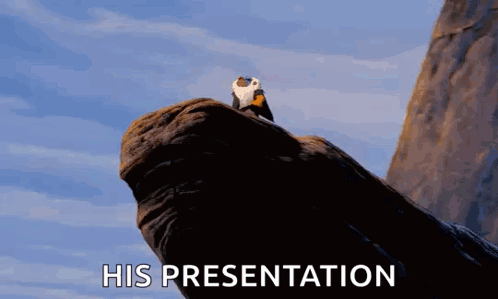 A Bird Sitting On Top Of A Rock With The Words " His Presentation " Written Below It GIF