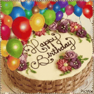 A Birthday Cake Decorated With Flowers And Balloons With The Words `` Happy Birthday '' Written On It . GIF