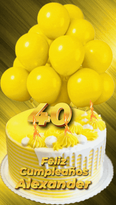 A Birthday Cake For Alexander With Yellow Balloons GIF