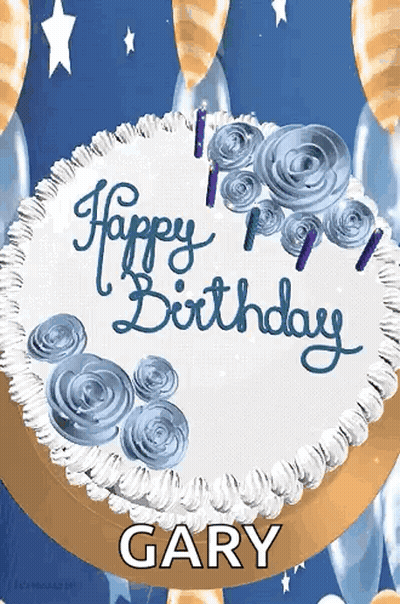 A Birthday Cake For Gary With Blue Frosting And Candles GIF