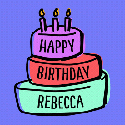 A Birthday Cake For Rebecca With Three Candles On It GIF