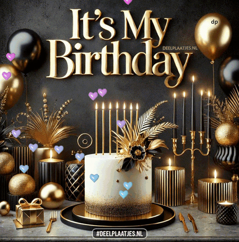 A Birthday Cake Is Surrounded By Candles And Balloons And The Words It 'S My Birthday GIF