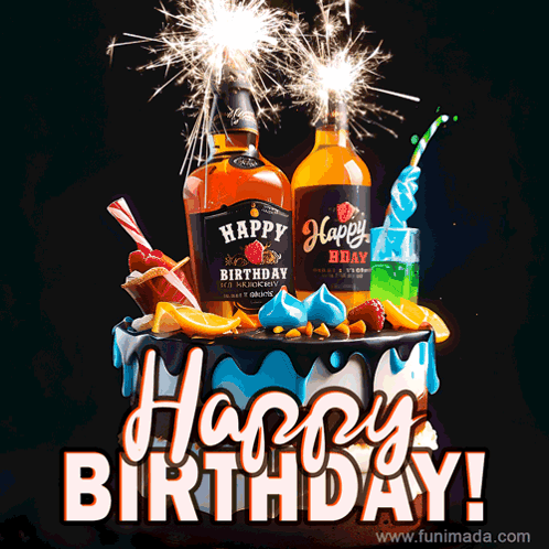 A Birthday Cake With A Bottle Of Happy Birthday Whiskey On Top GIF