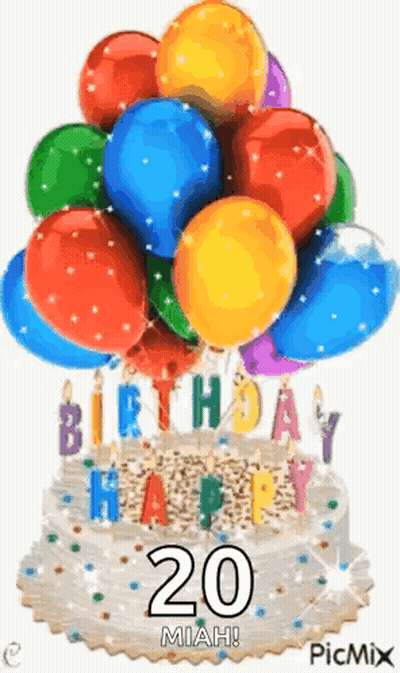 A Birthday Cake With A Bunch Of Balloons And Candles On It GIF