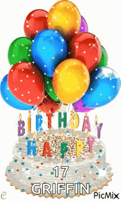 A Birthday Cake With A Bunch Of Balloons And Candles On It GIF