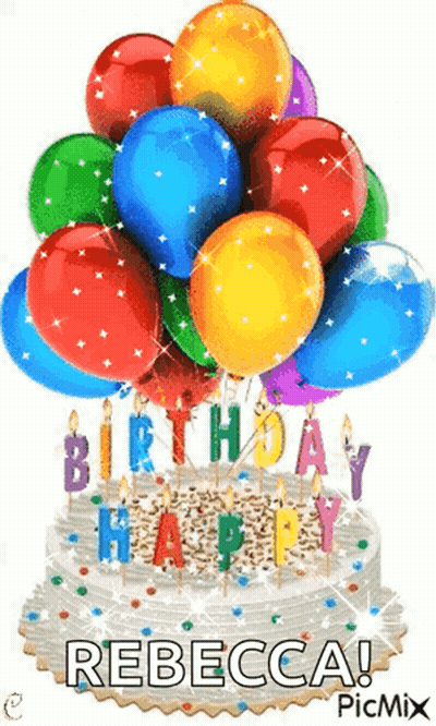 A Birthday Cake With A Bunch Of Balloons And The Name Rebecca On It GIF