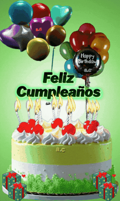 A Birthday Cake With A Bunch Of Balloons And The Words Feliz Cumpleanos On It GIF