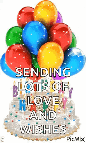 A Birthday Cake With A Bunch Of Balloons On Top Of It . GIF