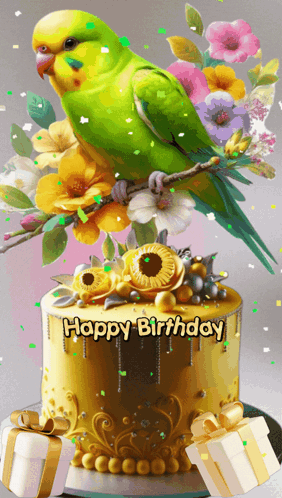 A Birthday Cake With A Green Parrot On It GIF