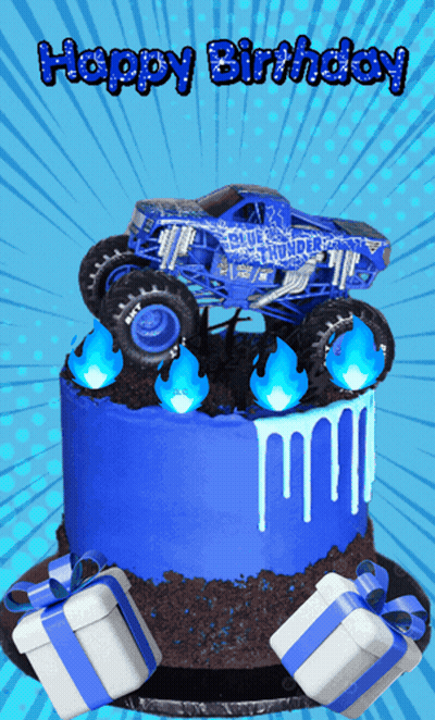 A Birthday Cake With A Monster Truck On Top And The Words Happy Birthday On The Bottom GIF