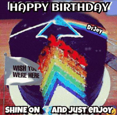 A Birthday Cake With A Slice Taken Out Of It And The Words Wish You Were Here Shine On And Just Enjoy GIF