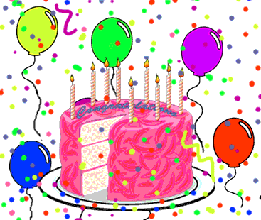 A Birthday Cake With A Slice Taken Out Of It Is Surrounded By Colorful Balloons And Confetti GIF