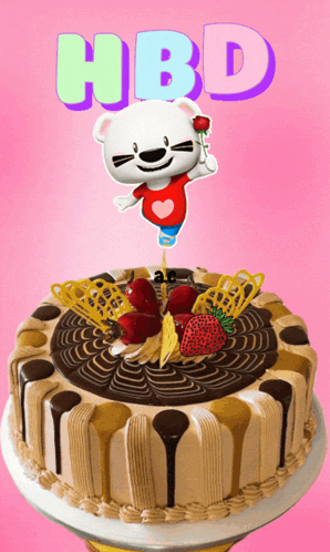 A Birthday Cake With A Teddy Bear Holding A Rose And The Word Hbd Above It GIF