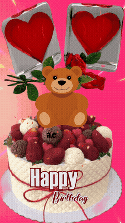 A Birthday Cake With A Teddy Bear On Top And The Words Happy Birthday GIF