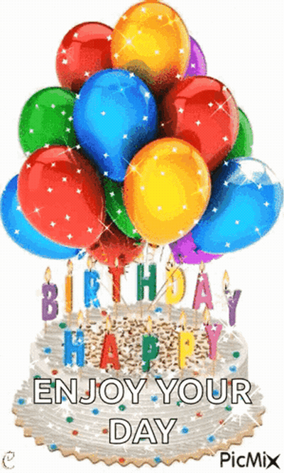 A Birthday Cake With Balloons And Candles And The Words Happy Birthday Enjoy Your Day GIF
