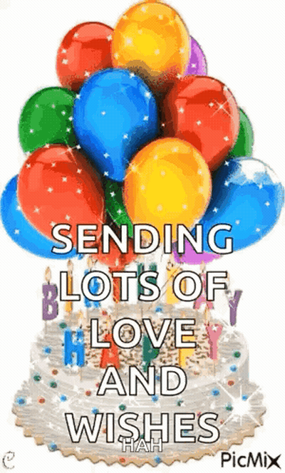 A Birthday Cake With Balloons And Candles And The Words `` Sending Lots Of Love And Wishes '' GIF