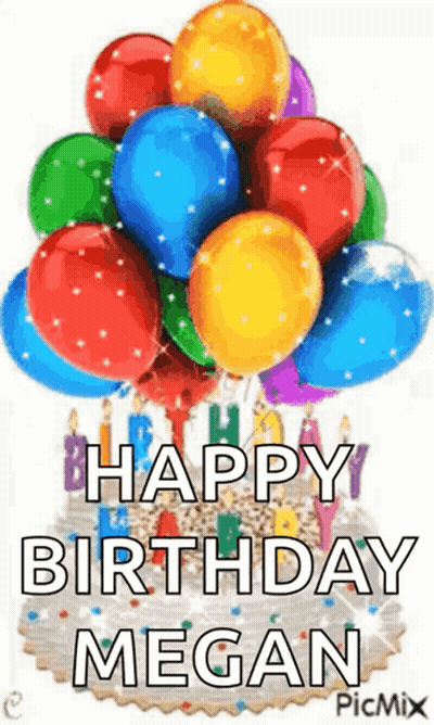 A Birthday Cake With Balloons And Candles On It And The Words `` Happy Birthday Megan '' . GIF