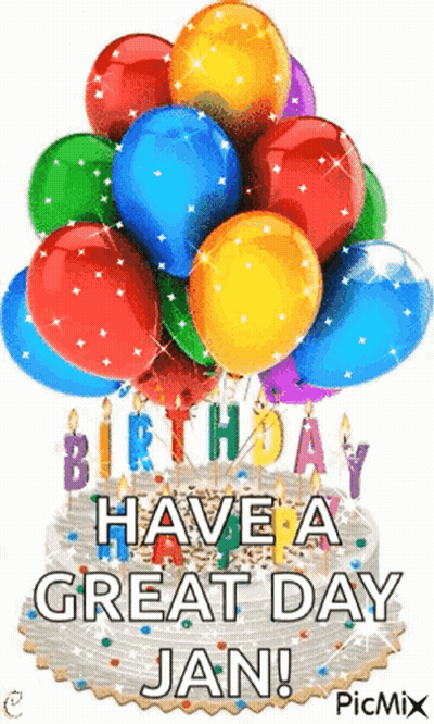 A Birthday Cake With Balloons And Candles Says Have A Great Day Jan GIF