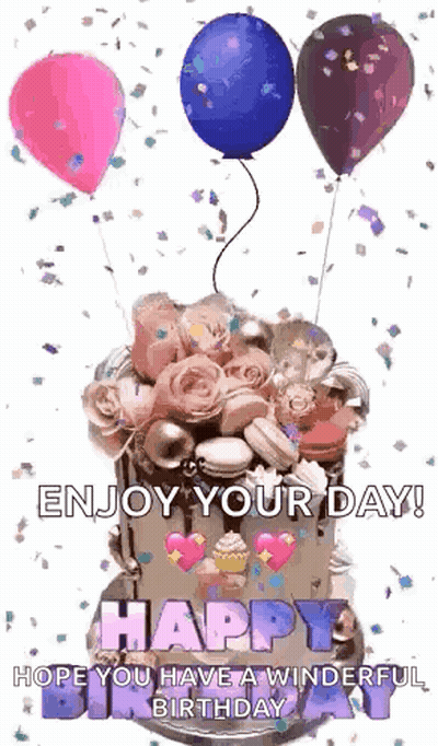 A Birthday Cake With Balloons And Confetti And The Words `` Enjoy Your Day ! '' GIF