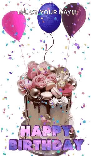 A Birthday Cake With Balloons And Confetti And The Words `` Enjoy Your Day !! '' GIF