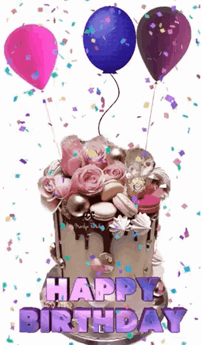 A Birthday Cake With Balloons And Confetti And The Words `` Happy Birthday '' On It . GIF