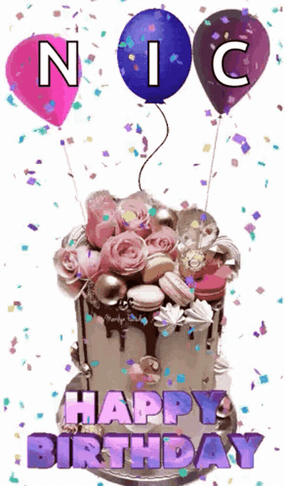 A Birthday Cake With Balloons And Confetti And The Words `` Happy Birthday '' Written On It GIF