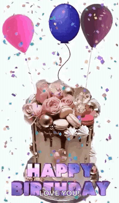A Birthday Cake With Balloons And Confetti On It And The Words `` Happy Birthday Love You '' Written On It . GIF