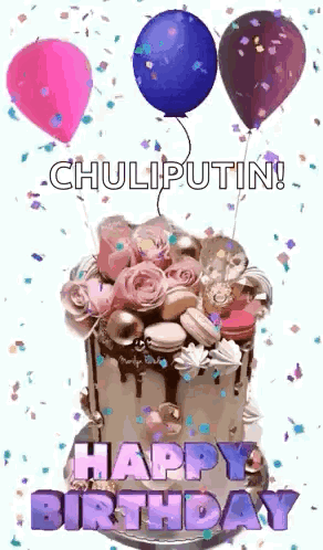 A Birthday Cake With Balloons And Confetti On It And The Words `` Happy Birthday '' Written On It . GIF
