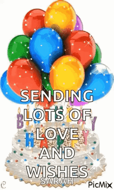 A Birthday Cake With Balloons On Top Of It And The Words `` Sending Lots Of Birthday Love And Wishes '' . GIF
