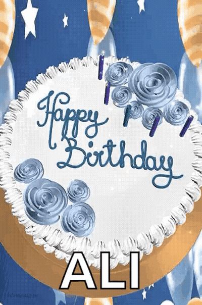 A Birthday Cake With Blue Frosting And Candles Says Happy Birthday Ali GIF