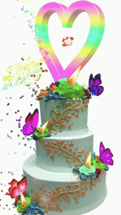 A Birthday Cake With Butterflies And A Heart That Says " Happy Birthday " GIF
