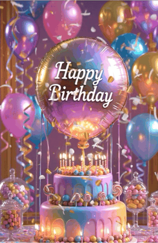 A Birthday Cake With Candles And A Balloon That Says " Happy Birthday " GIF