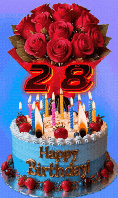 A Birthday Cake With Candles And A Bouquet Of Red Roses GIF