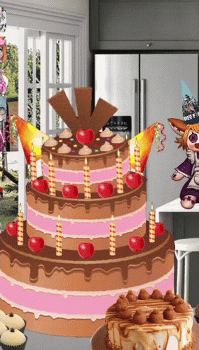 A Birthday Cake With Candles And A Stuffed Animal Wearing A Free Fire Hat GIF